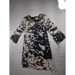 ECI New York Black White Abstract Print Beaded Neckline Long Sleeve Dress Size 4